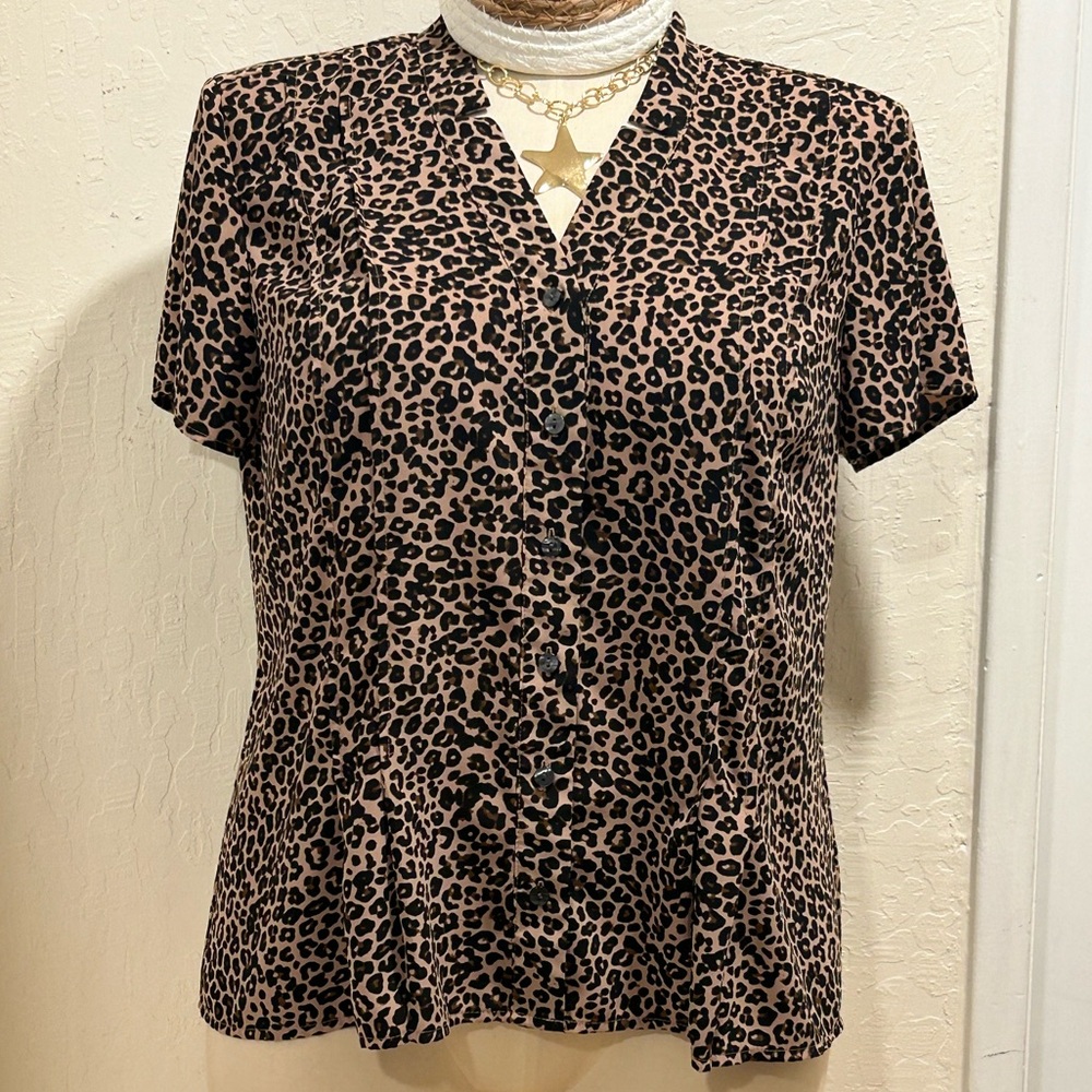 212 Collection Leopard Print Button-Front Top - Taupe and Black